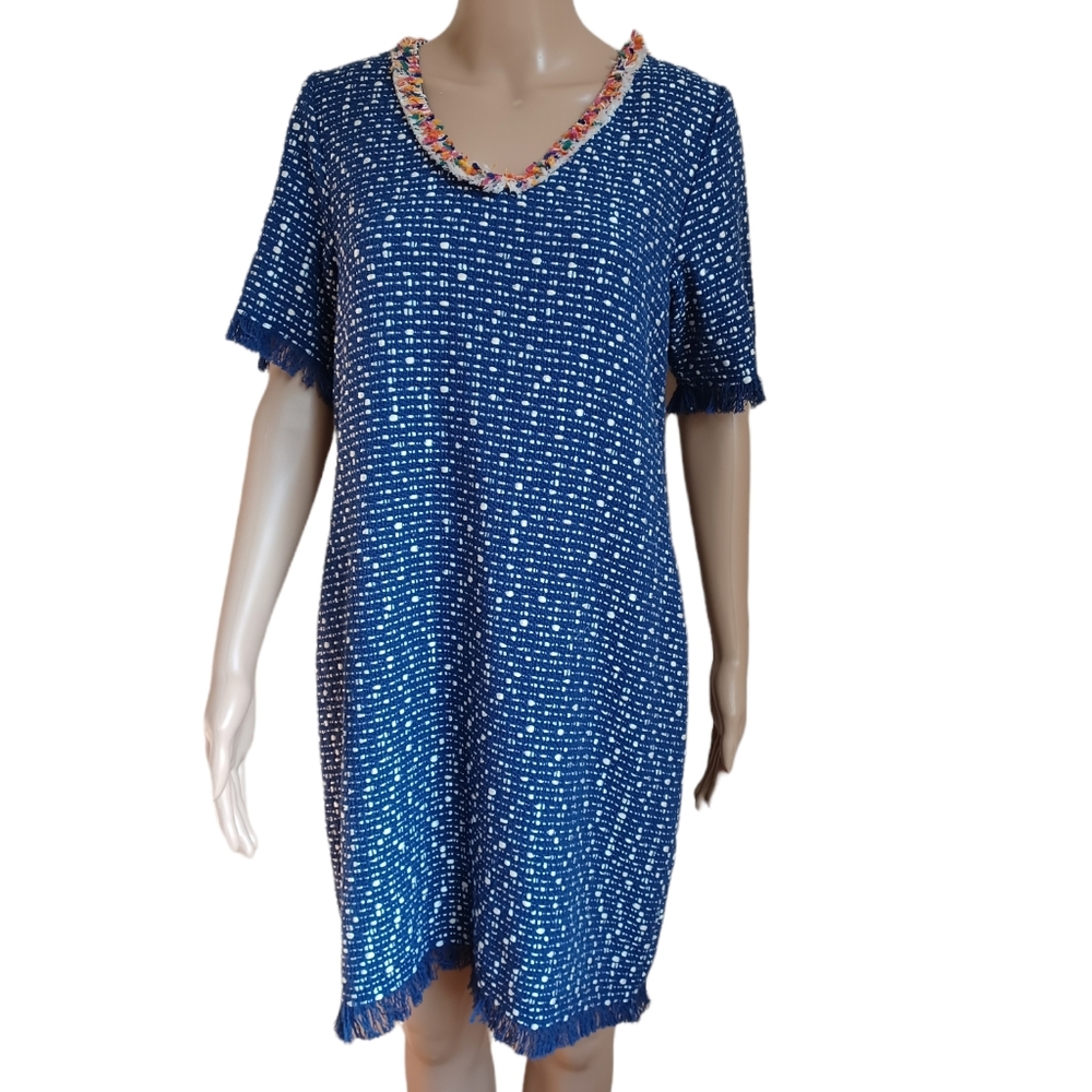 Vilagallo Blue Tweed Dress Fringed Size 40